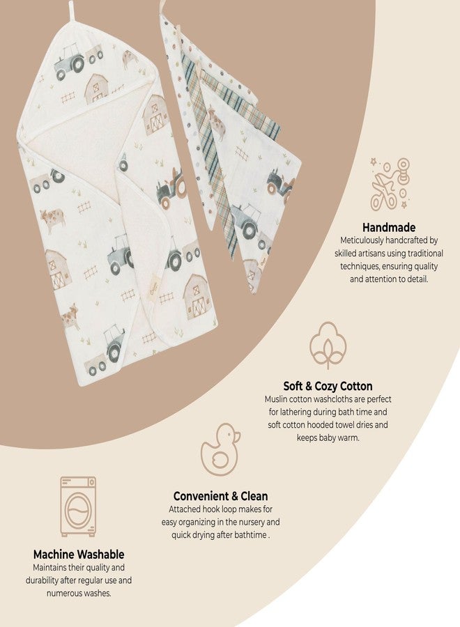 كرين طقم مناشف وأغطية رأس للأطفال من كرين، طقم مناشف وأغطية رأس للأطفال من تشارلي فارمهاوس بتصميم جرار، مستلزمات استحمام الأطفال، أغطية رأس للأطفال حديثي الولادة، منشفة موسلين للأطفال - Image 2